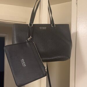 GUESS Black Tote with Matching Wristlet - Signature Embossed Design